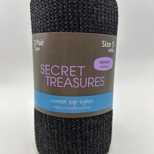NWT SECRET TREASURES 2 PAIR CONTROL TOP TIGHTS SIZE 5 CHAROCOAL/BLACK OPAQUE